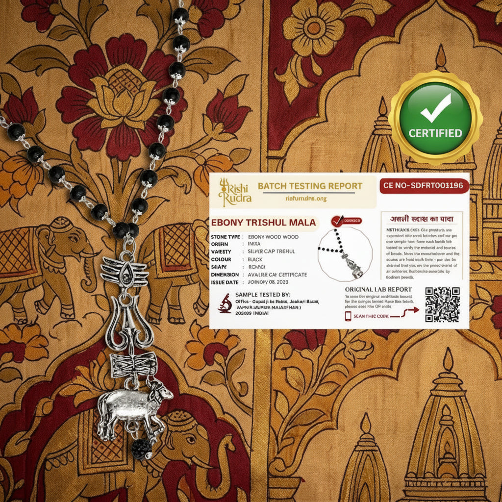 Divine Karungali Mala with Silver Caps, Trishul & Nandi Pendant