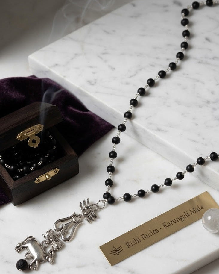 Divine Karungali Mala with Silver Caps, Trishul & Nandi Pendant