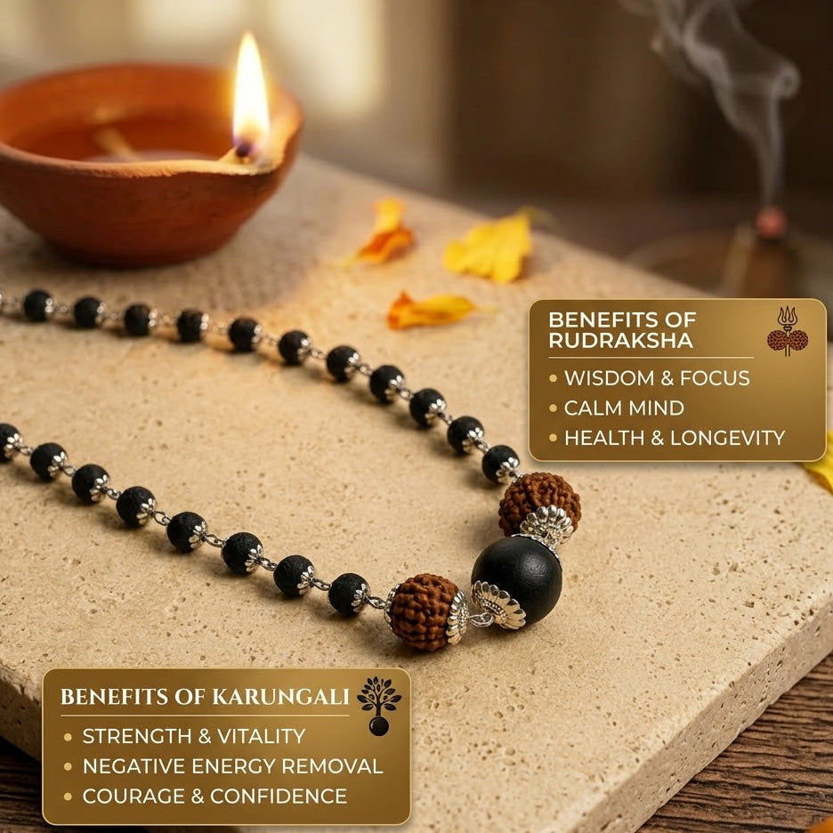 Silver Cap Karungali Mala with karungali Bead & 5 Mukhi Rudraksha