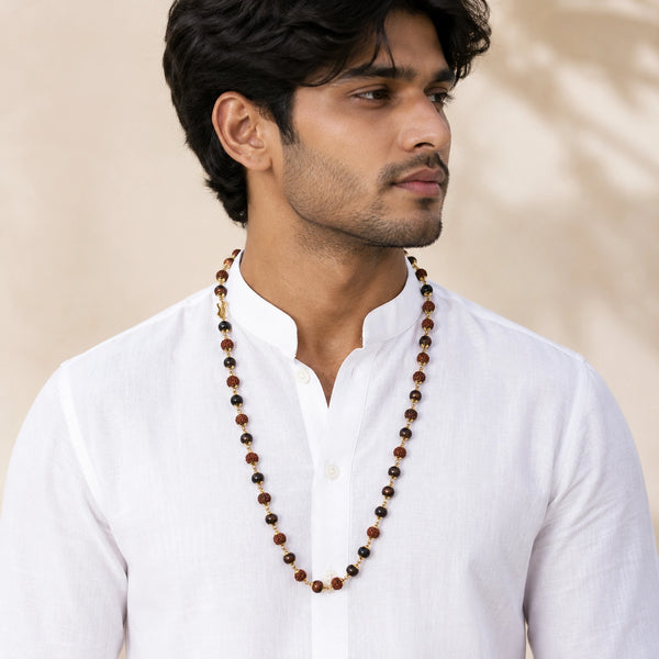 Rudraksha Karungali Mala Golden Cap | Spiritual Protection Beads Necklace