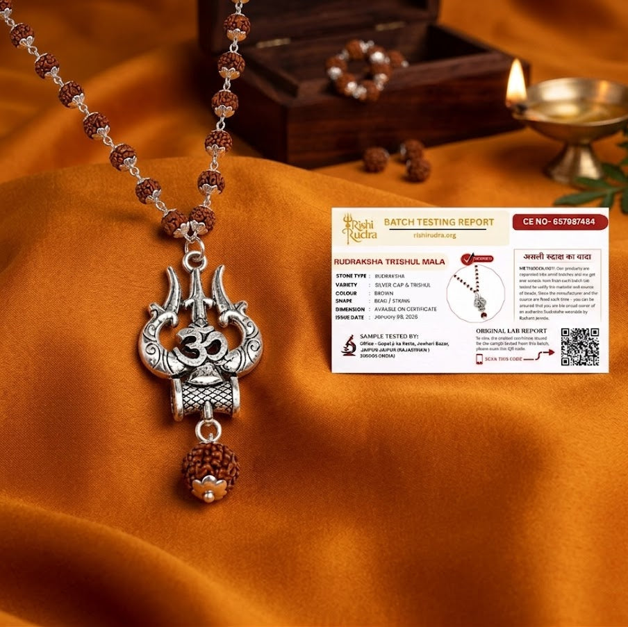 Premium Rudraksha Mala Necklace with Shiva Trishul & German Silver Caps | Spiritual Jewelry