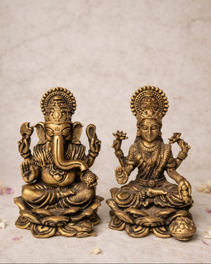 Antique Finish Brass Laxmi Ganesha Statue Pair – Spiritual Idol Set(Size: 2 inch height × 6.5 inch width)