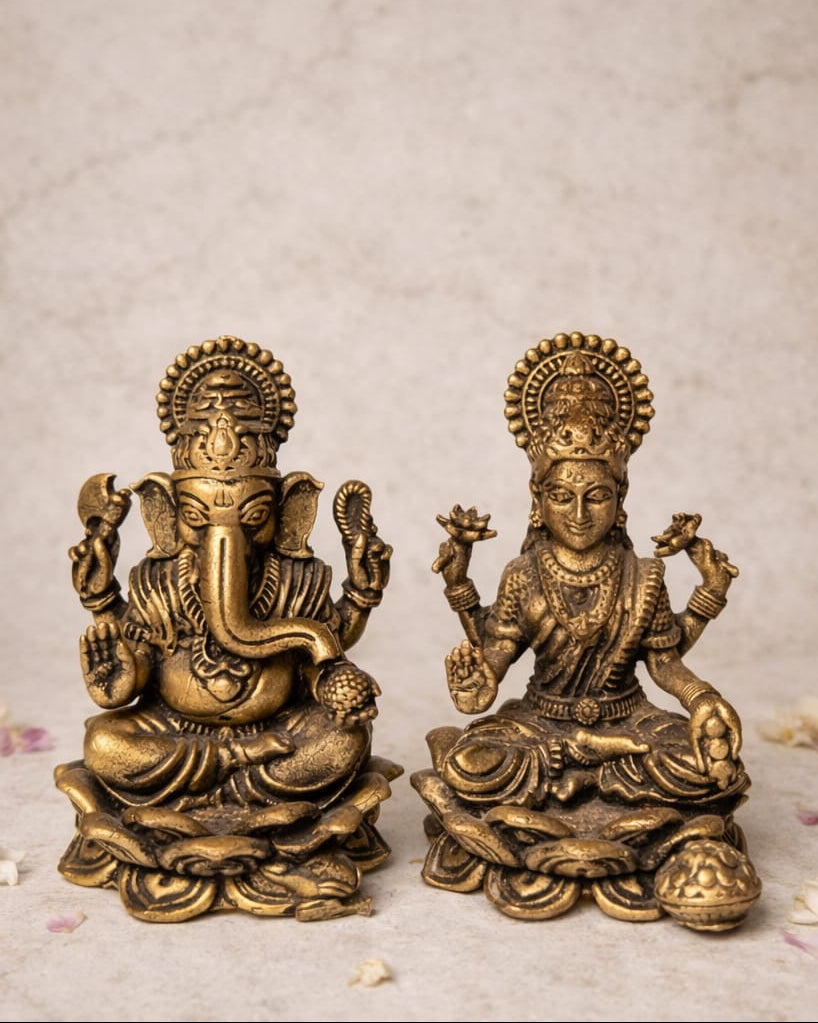 Antique Finish Brass Laxmi Ganesha Statue Pair – Spiritual Idol Set(Size: 2 inch height × 6.5 inch width)