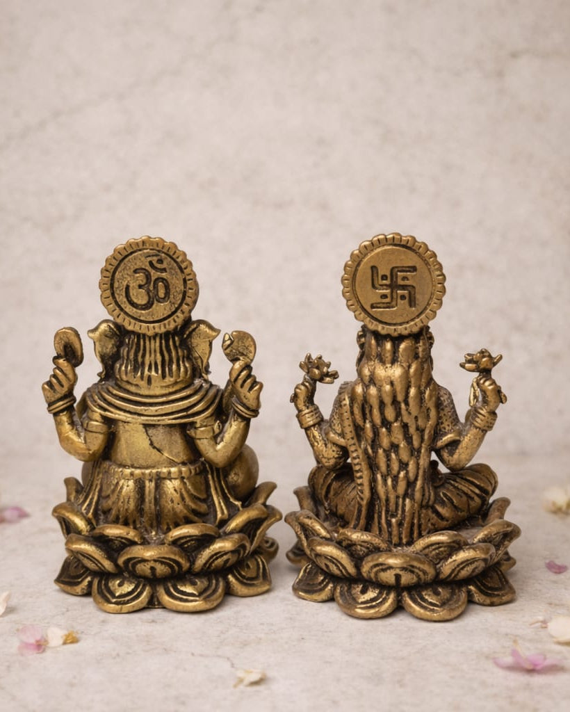 Antique Finish Brass Laxmi Ganesha Statue Pair – Spiritual Idol Set(Size: 2 inch height × 6.5 inch width)
