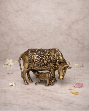 Antique Finish Kamdhenu Brass Statue – 2" Divine Cow Idol (Size: 2 inch height × 3 inch width)