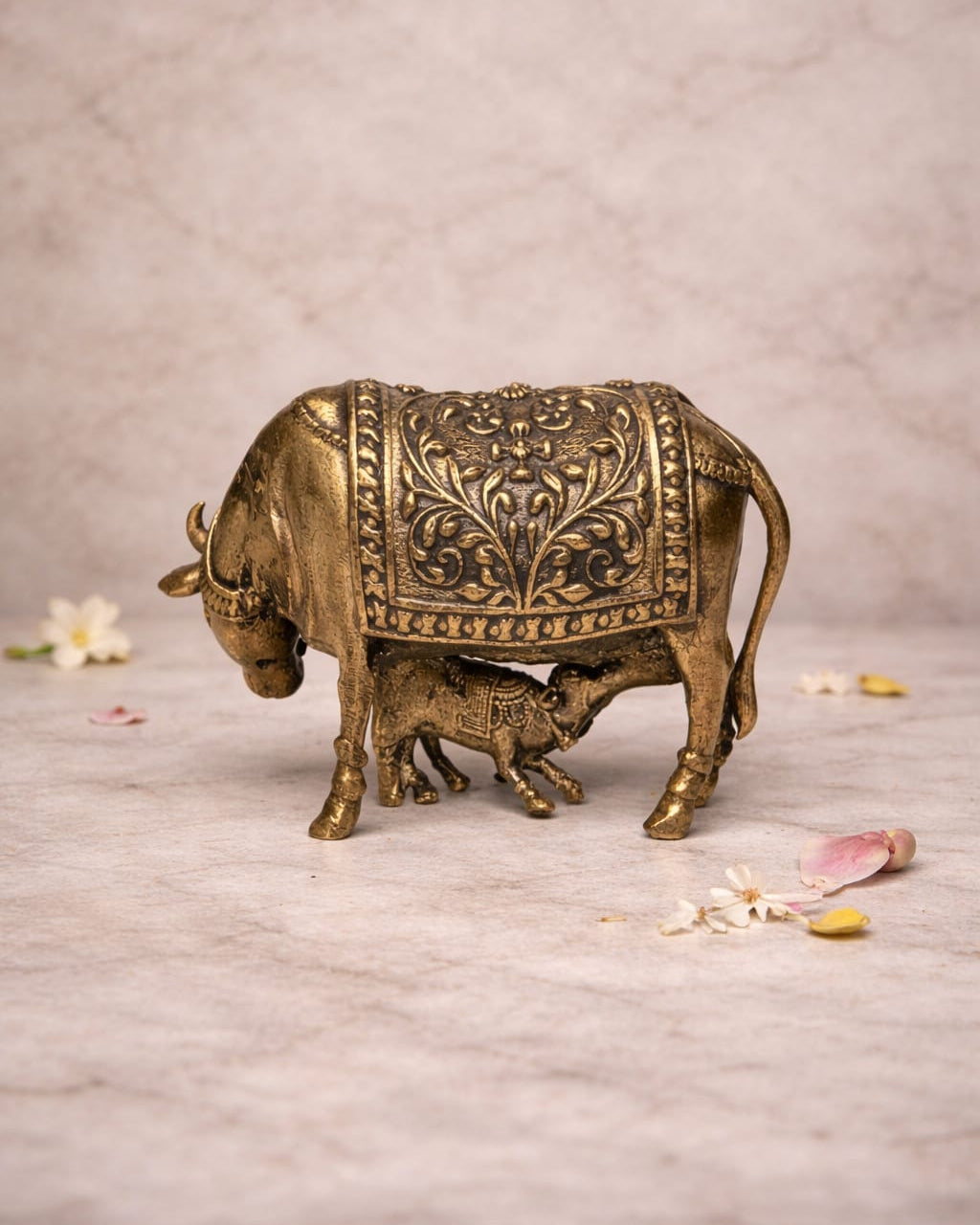 Antique Finish Kamdhenu Brass Statue – 2" Divine Cow Idol (Size: 2 inch height × 3 inch width)