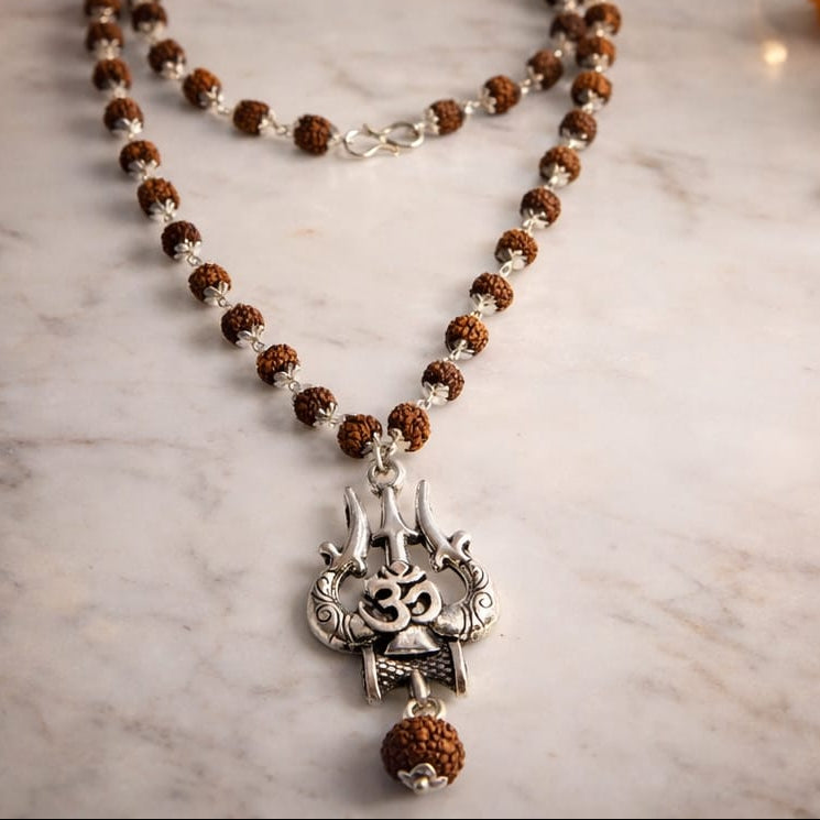 Premium Rudraksha Mala Necklace with Shiva Trishul & German Silver Caps | Spiritual Jewelry