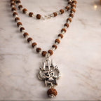 Premium Rudraksha Mala Necklace with Shiva Trishul & German Silver Caps | Spiritual Jewelry
