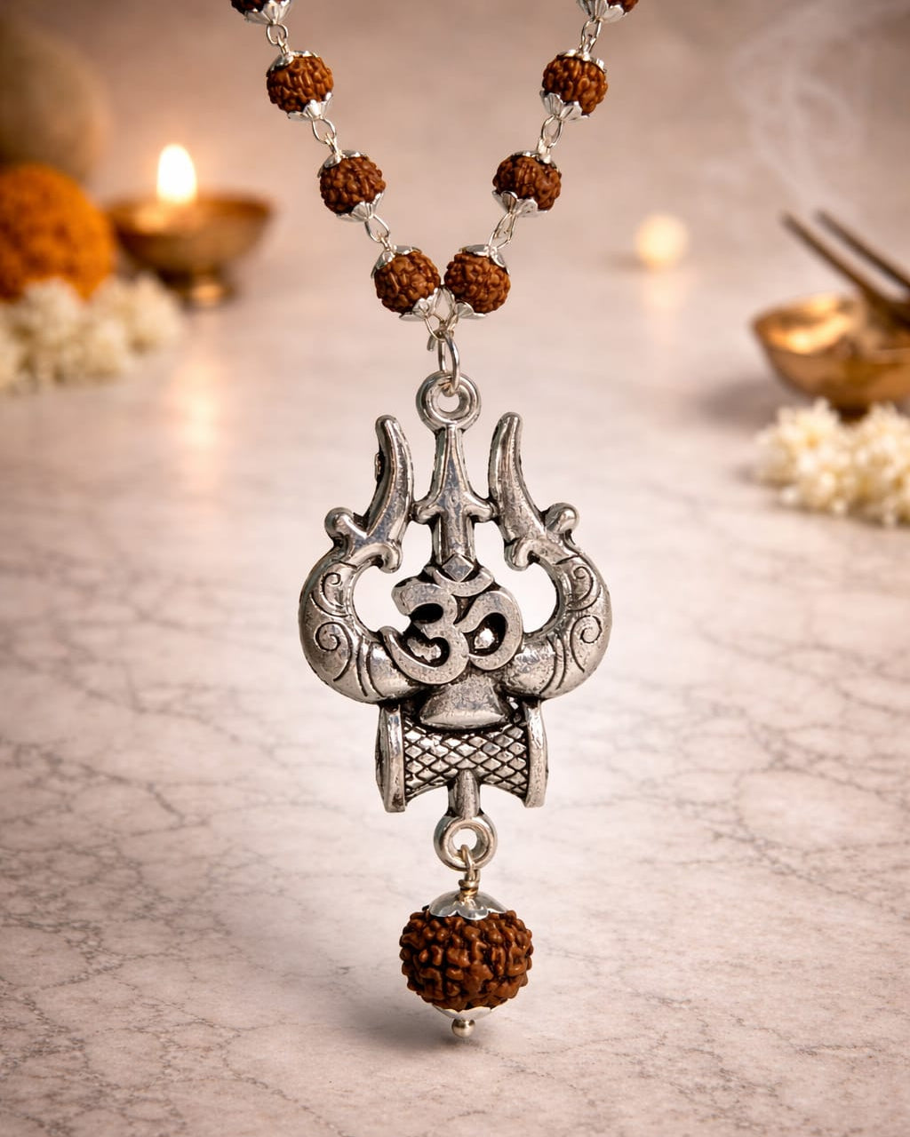 Premium Rudraksha Mala Necklace with Shiva Trishul & German Silver Caps | Spiritual Jewelry