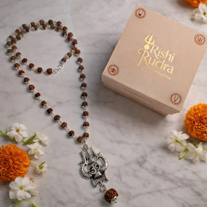 Premium Rudraksha Mala Necklace with Shiva Trishul & German Silver Caps | Spiritual Jewelry