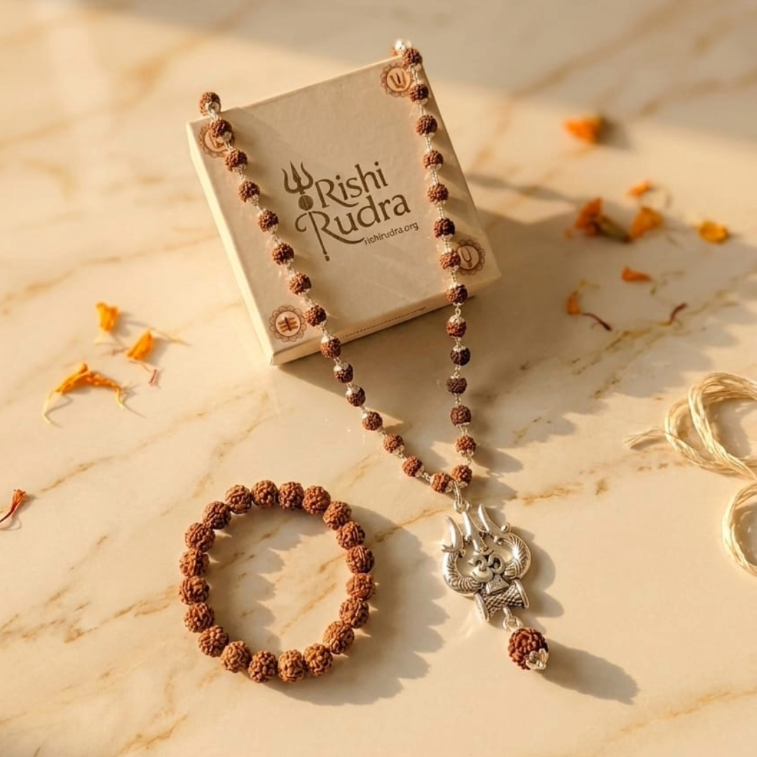Sacred Protection Combo – 5 Mukhi Bracelet + Trishul Rudraksha Mala