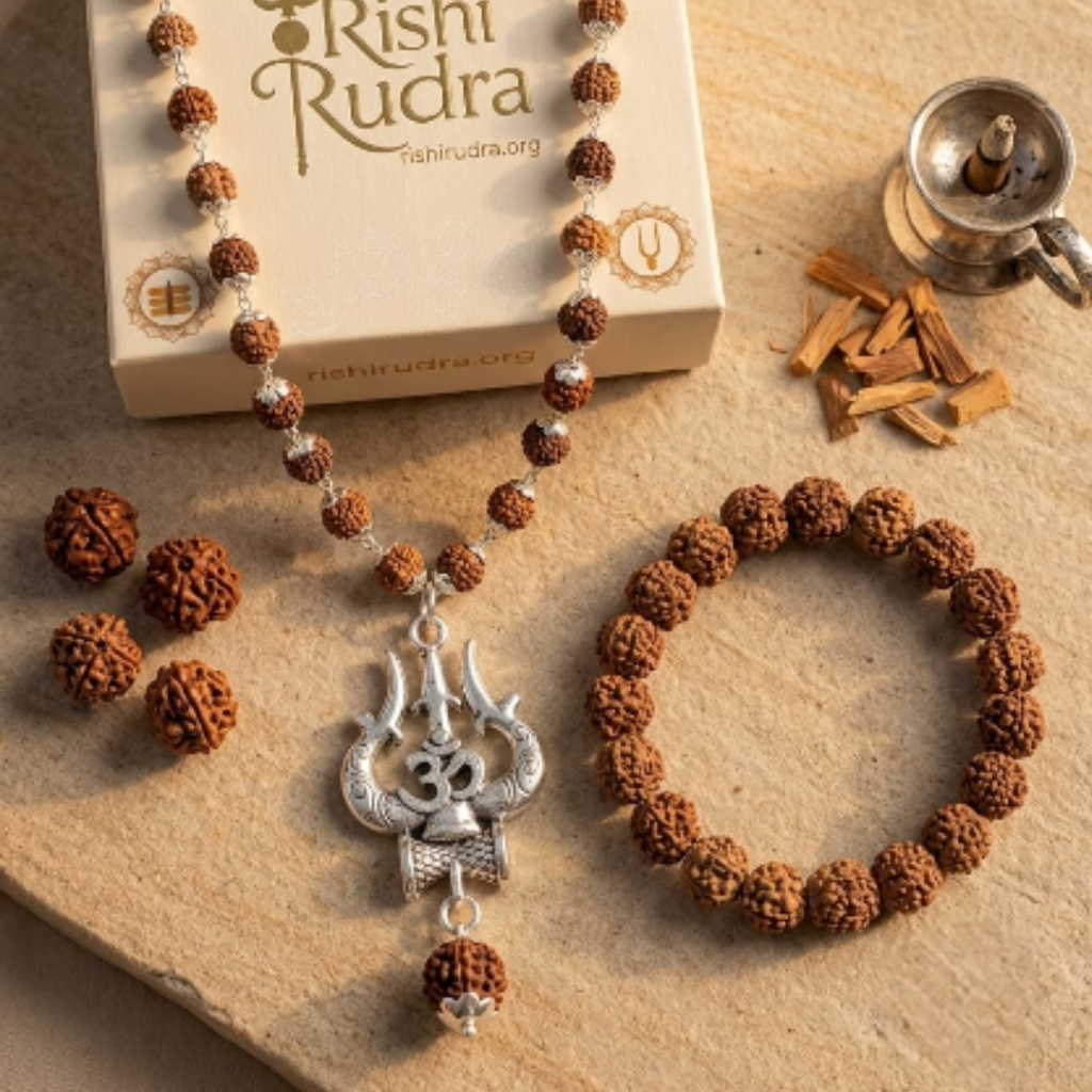 Sacred Protection Combo – 5 Mukhi Bracelet + Trishul Rudraksha Mala