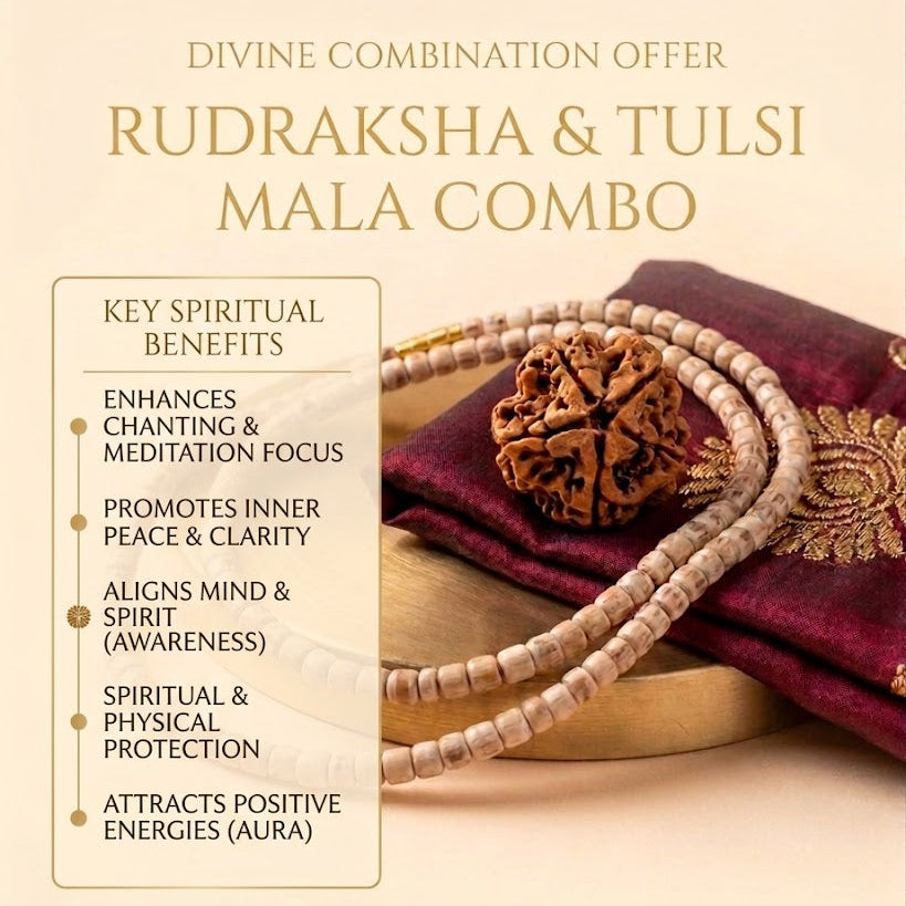 🌿 Divine Protection Combo 5 Mukhi Rudraksha + Tulsi 1 Round Kanthi Mala