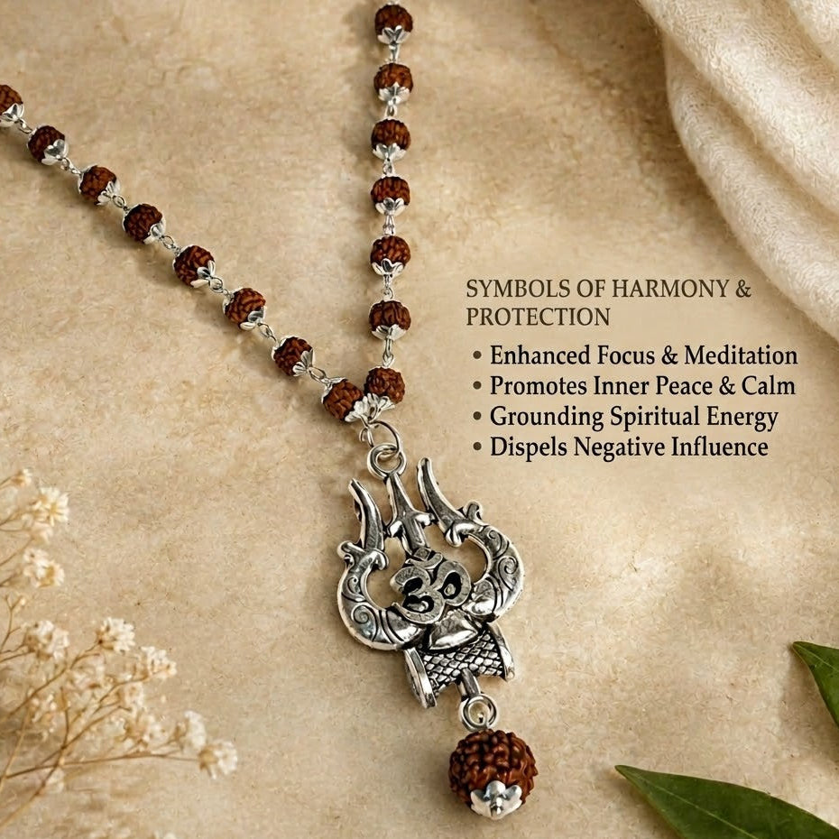 Premium Rudraksha Mala Necklace with Shiva Trishul & German Silver Caps | Spiritual Jewelry