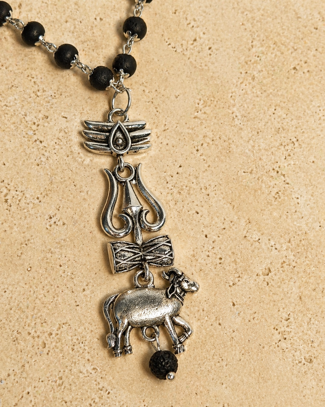 Divine Karungali Mala with Silver Caps, Trishul & Nandi Pendant