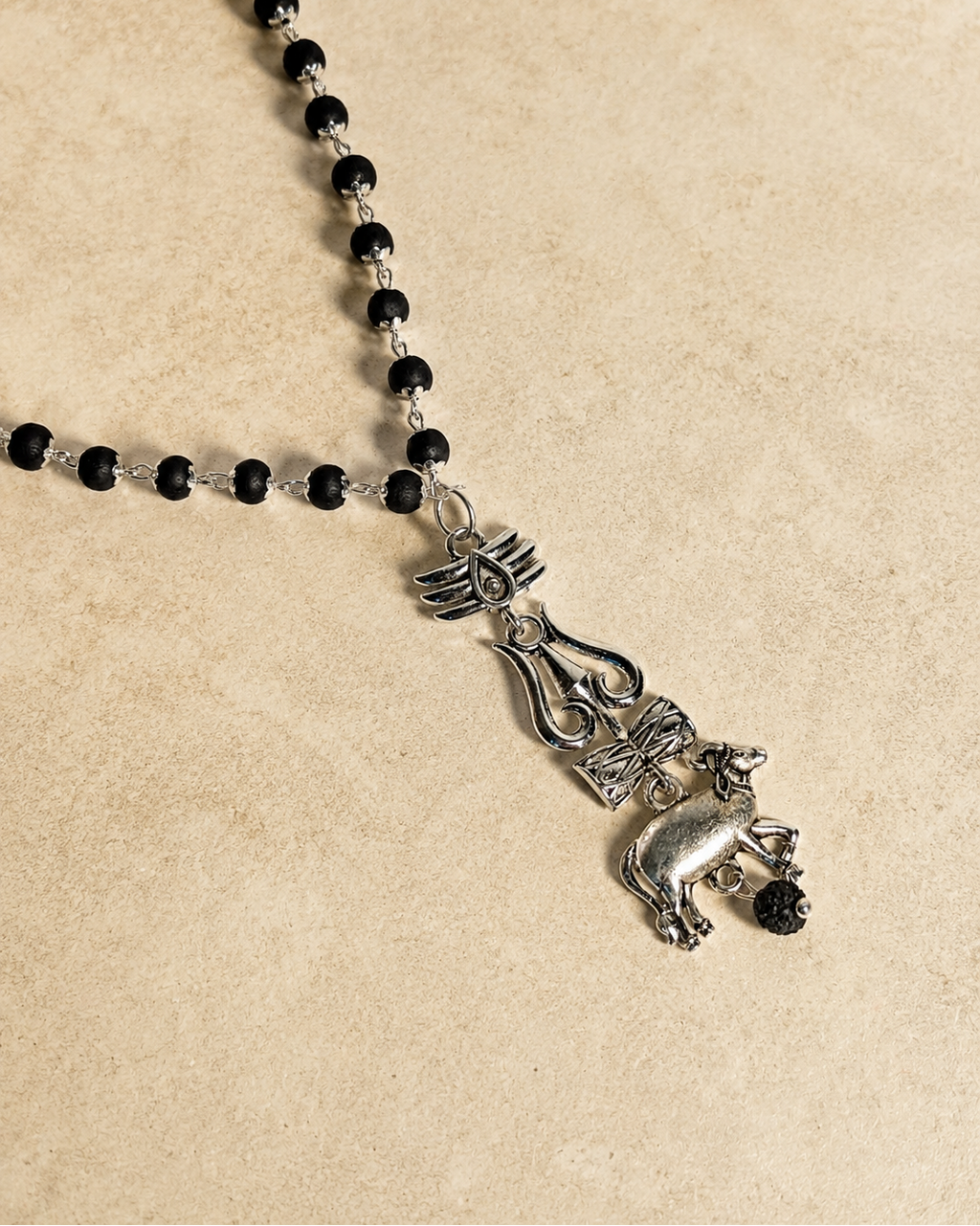 Divine Karungali Mala with Silver Caps, Trishul & Nandi Pendant