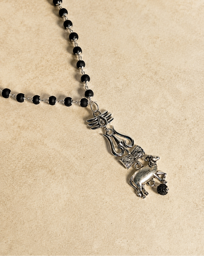 Divine Karungali Mala with Silver Caps, Trishul & Nandi Pendant