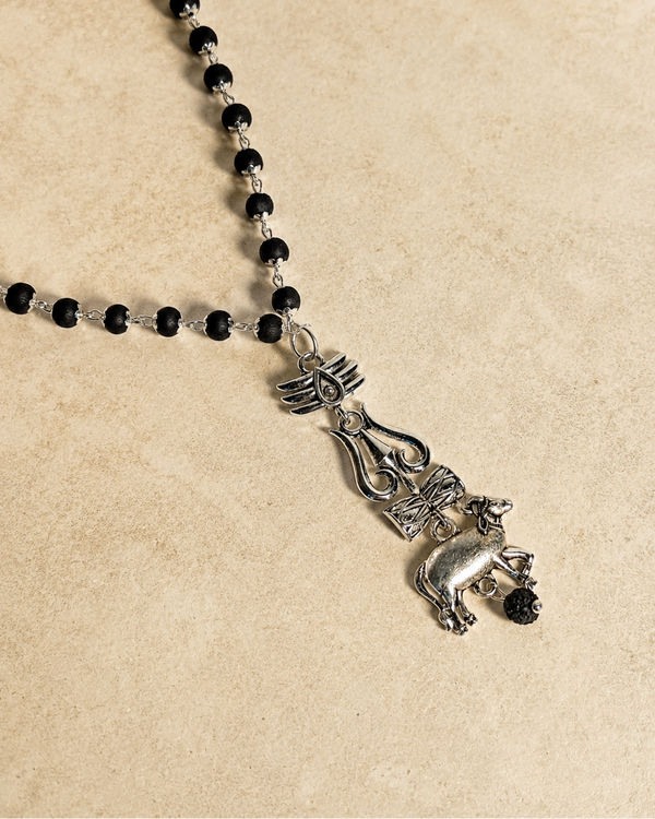 Divine Karungali Mala with Silver Caps, Trishul & Nandi Pendant