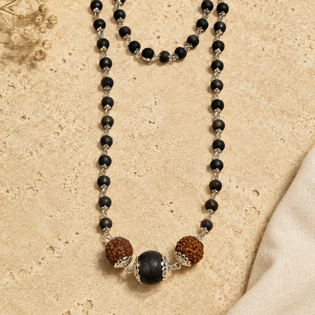 Silver Cap Karungali Mala with karungali Bead & 5 Mukhi Rudraksha