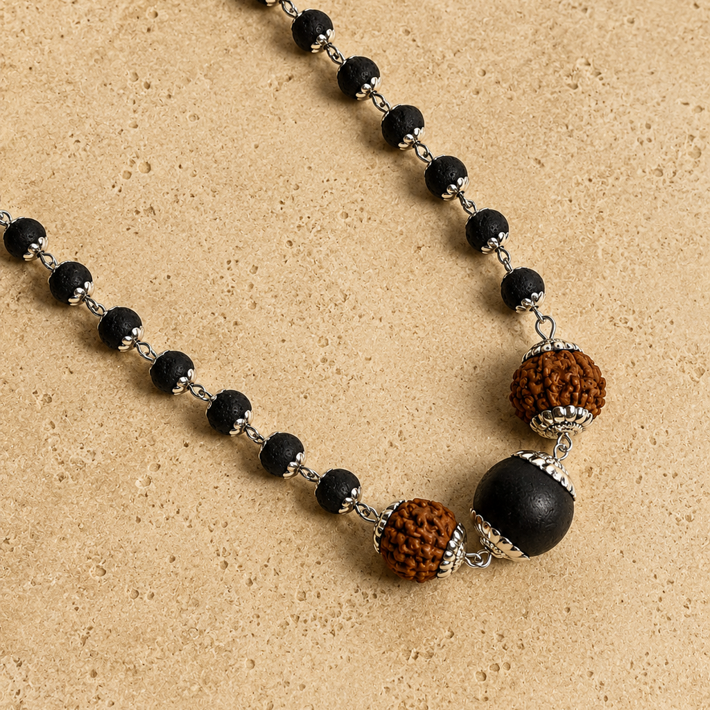 Silver Cap Karungali Mala with karungali Bead & 5 Mukhi Rudraksha