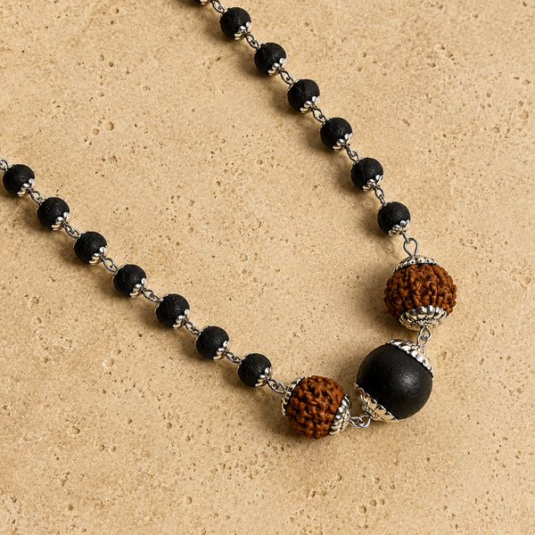 Silver Cap Karungali Mala with karungali Bead & 5 Mukhi Rudraksha