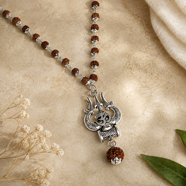 Premium Rudraksha Mala Necklace with Shiva Trishul & German Silver Caps | Spiritual Jewelry