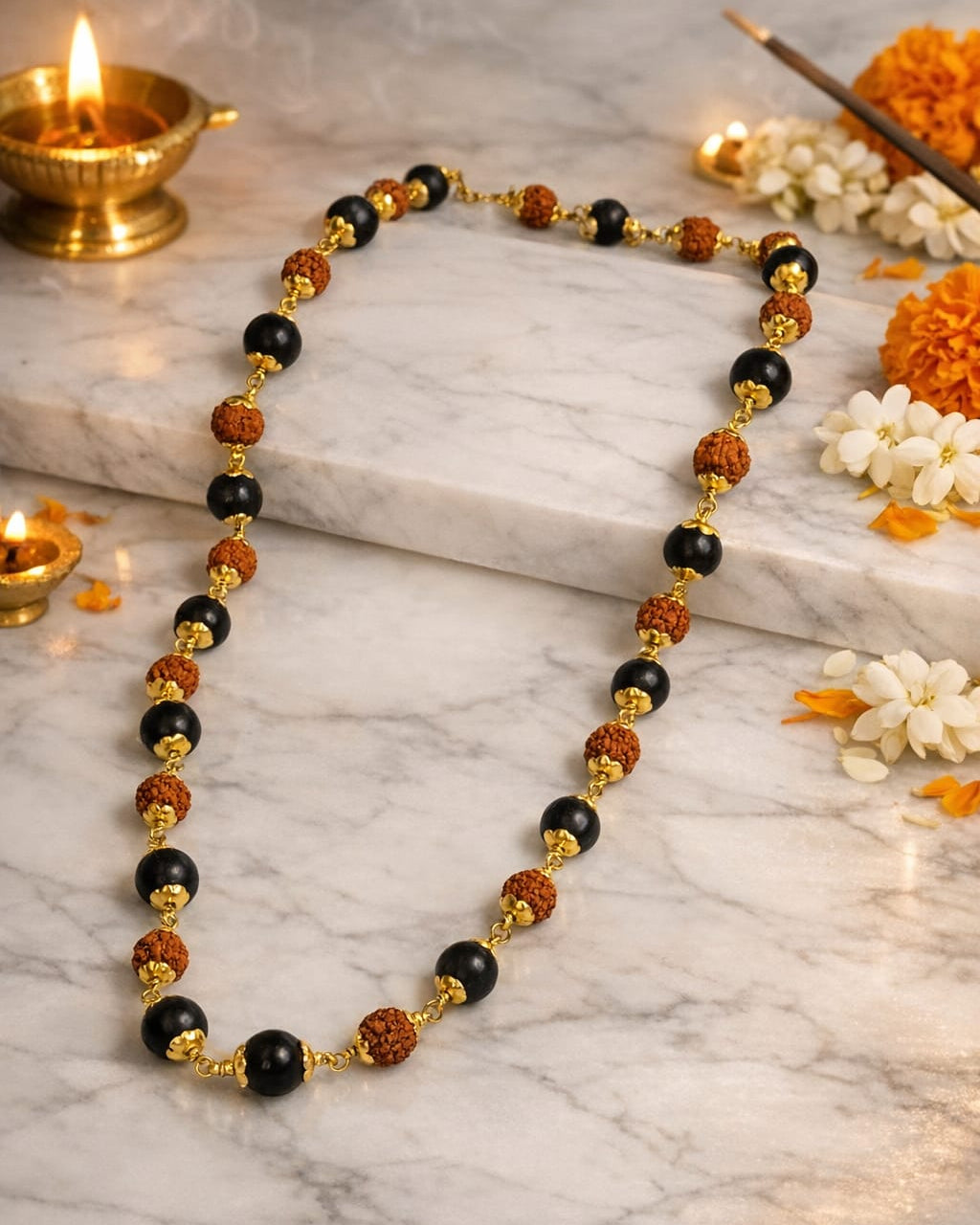 Rudraksha Karungali Mala Golden Cap | Spiritual Protection Beads Necklace