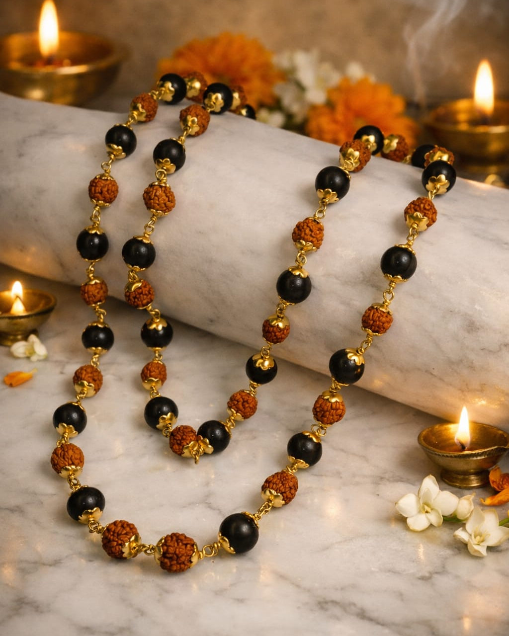 Rudraksha Karungali Mala Golden Cap | Spiritual Protection Beads Necklace