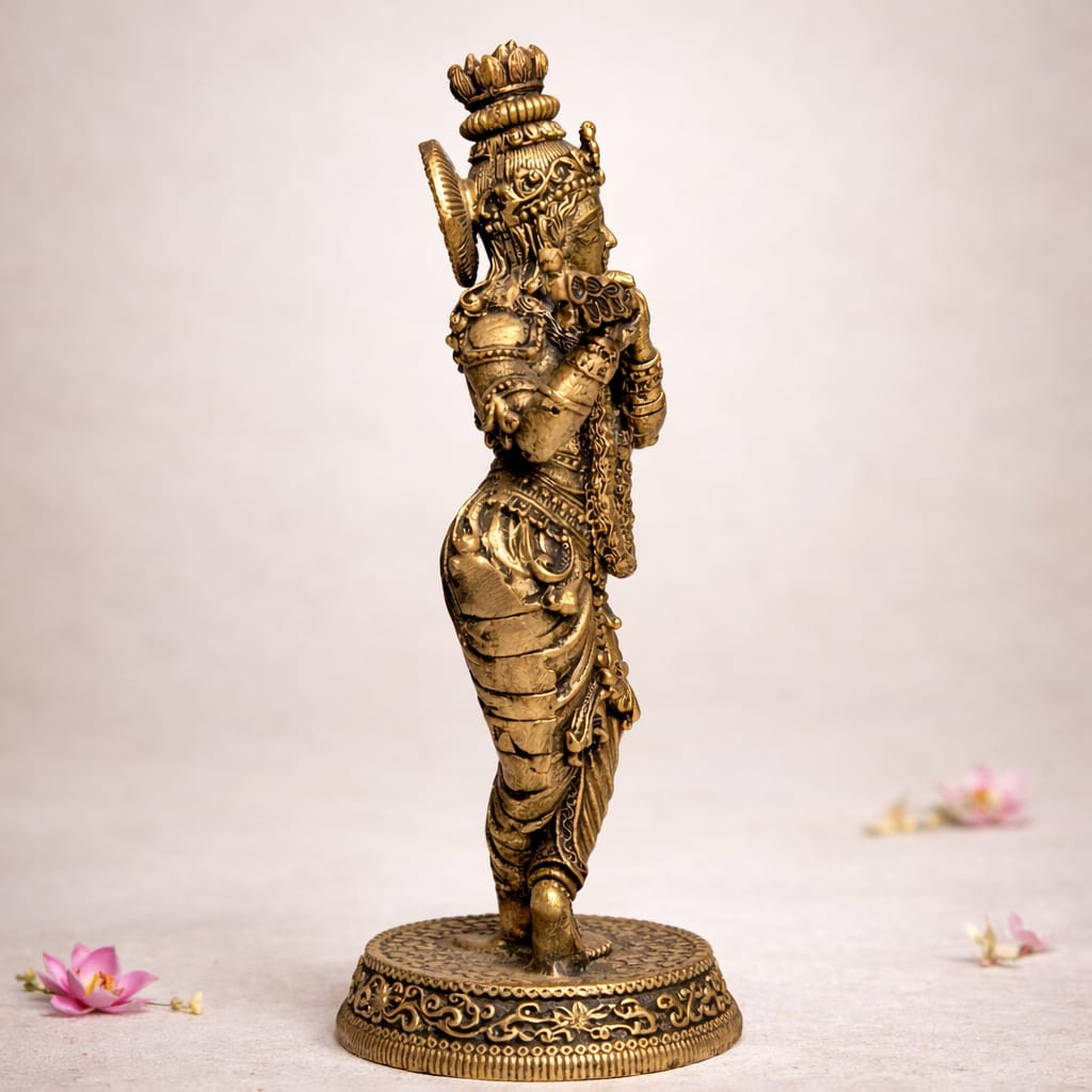 Premium Brass Krishna Murti with Flute – Elegant Standing Lord Krishna Statue Height: 16.5 cm | Breadth: 6.5 cm)