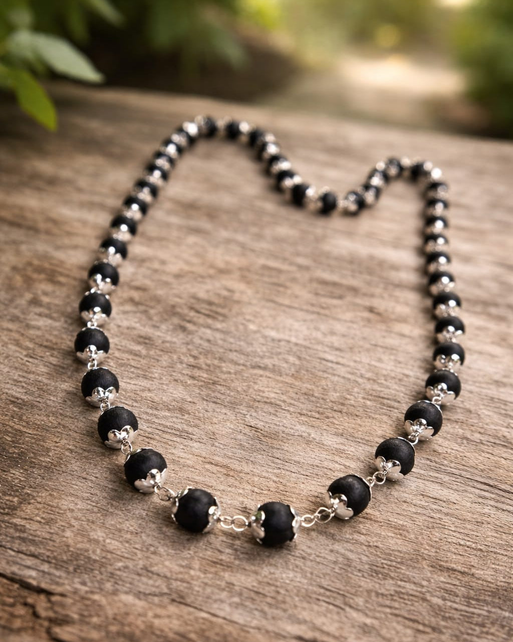 Karungali Silver Cap Mala Necklace | Natural Ebony Wood Spiritual Beads