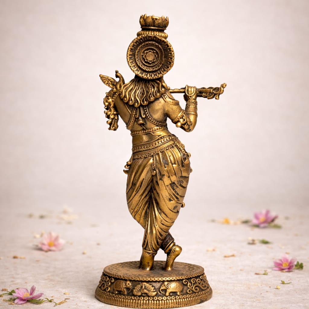Premium Brass Krishna Murti with Flute – Elegant Standing Lord Krishna Statue Height: 16.5 cm | Breadth: 6.5 cm)