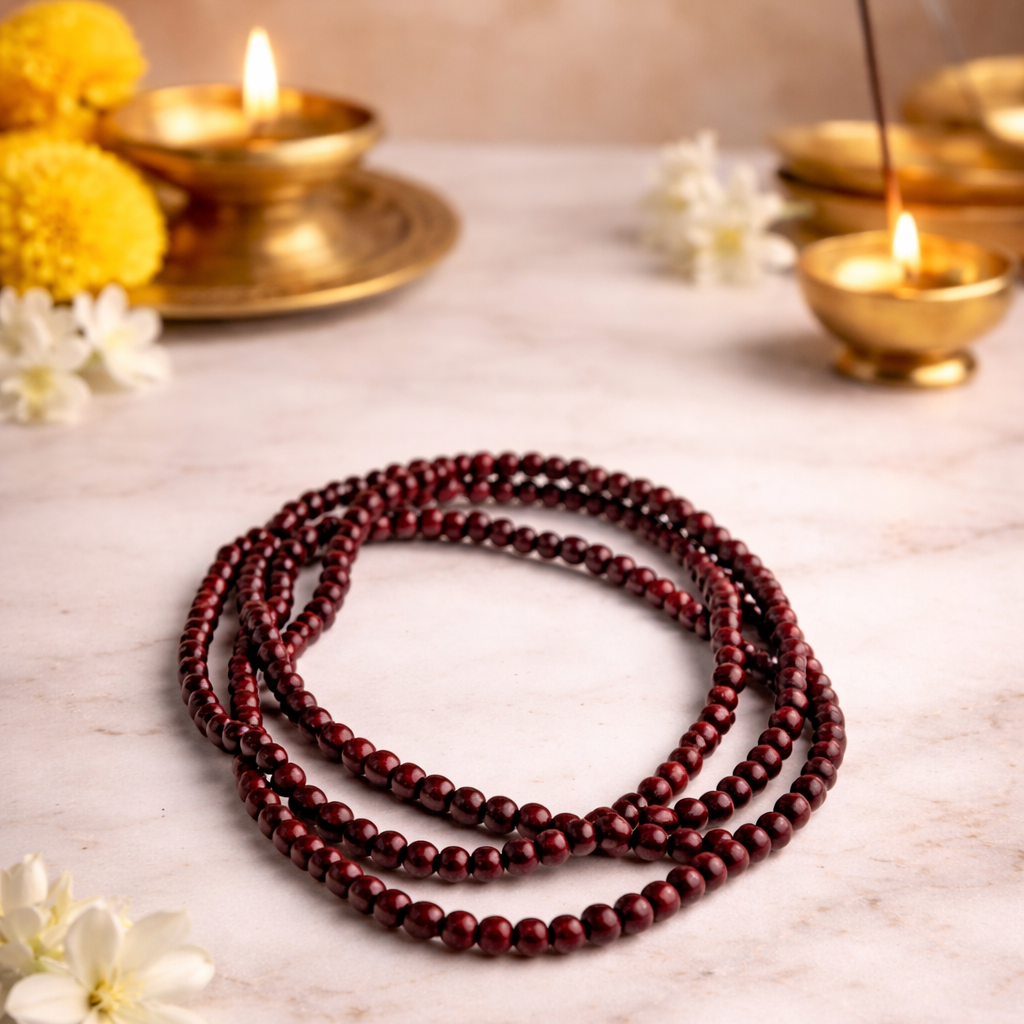 Three Round Laal Chandan Kanthi Mala | Natural Red Sandalwood Beads | Traditional Spiritual Necklace
