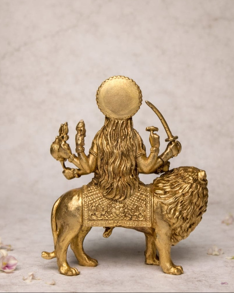 Antique Finish Brass Maa Durga Statue – Lion Ride Goddess Idol (Height: 4 inch | Breadth: 3 inch)