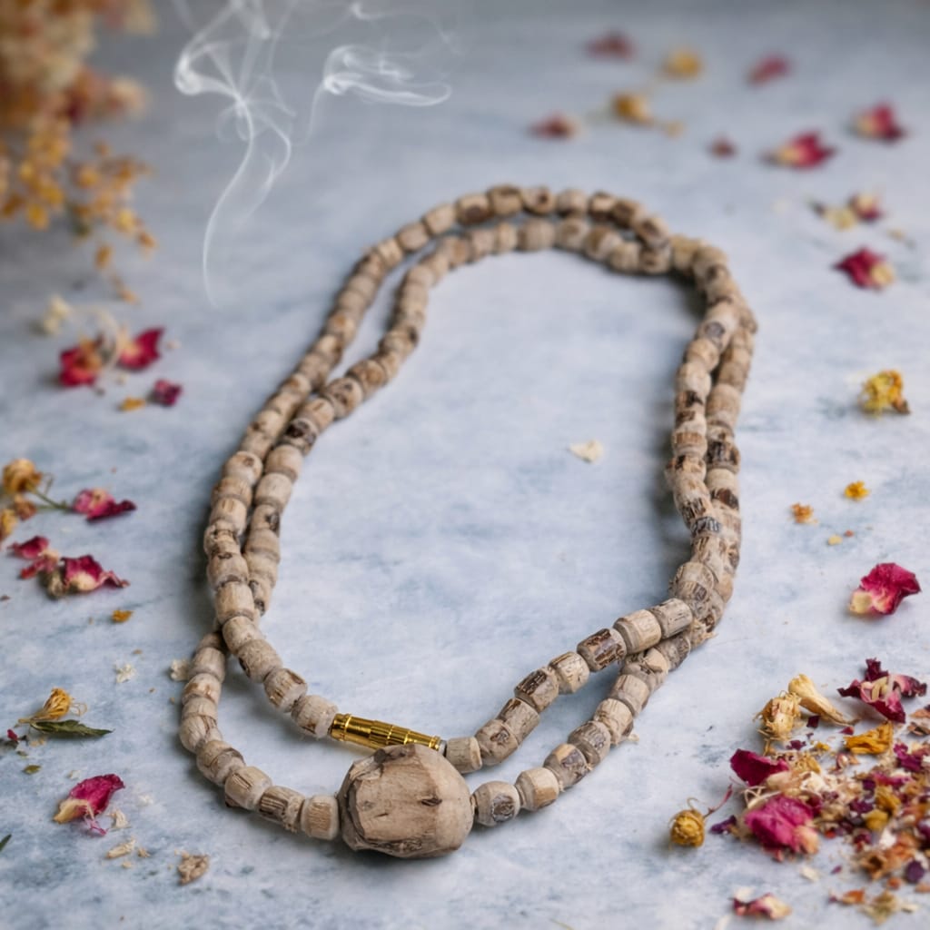 Natural Tulshi Mala with Raw Tulsi Bead Locket – Sacred Holy Basil Necklace