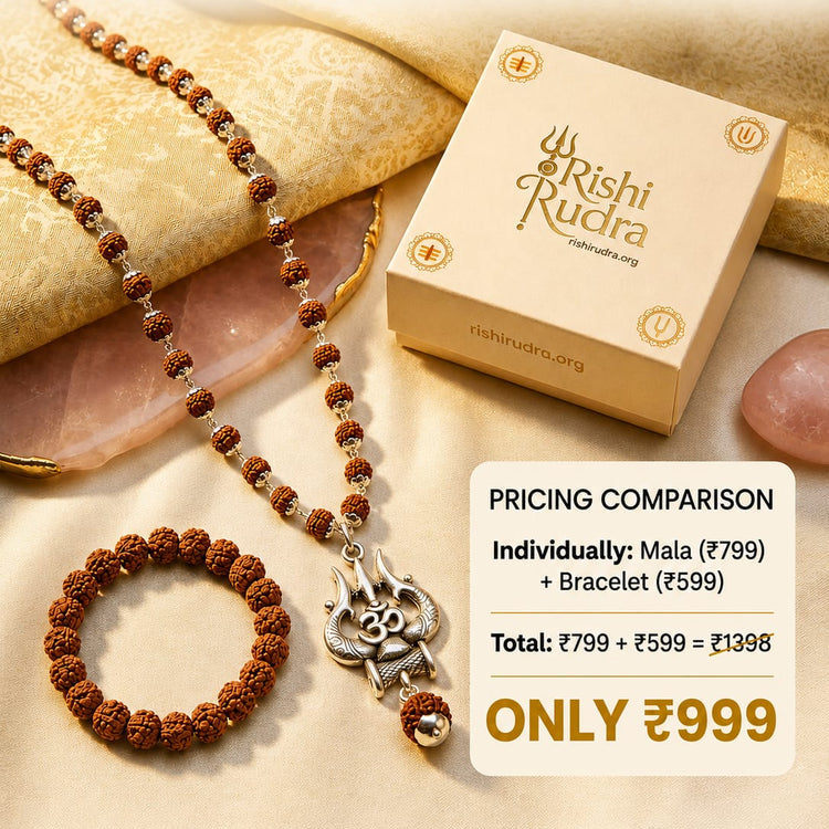 Sacred Protection Combo – 5 Mukhi Bracelet + Trishul Rudraksha Mala