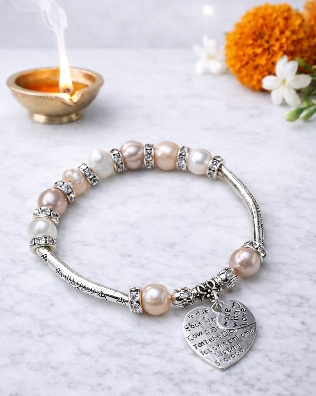 Real Pearl German Silver Bracelet with Heart Charm | Elegant Spiritual Jewelry