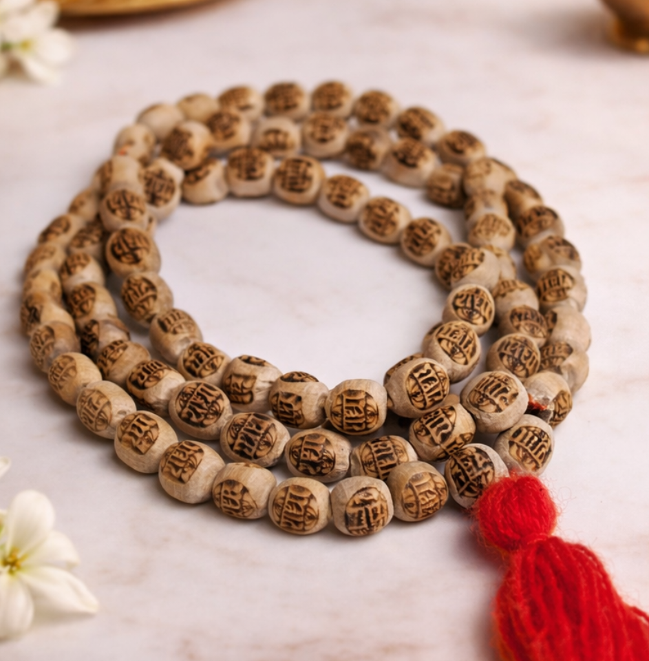 Sacred Jaap Tulsi Mala (12 mm) with Radha Engraved Beads – Handcrafted Devotional Prayer Mala