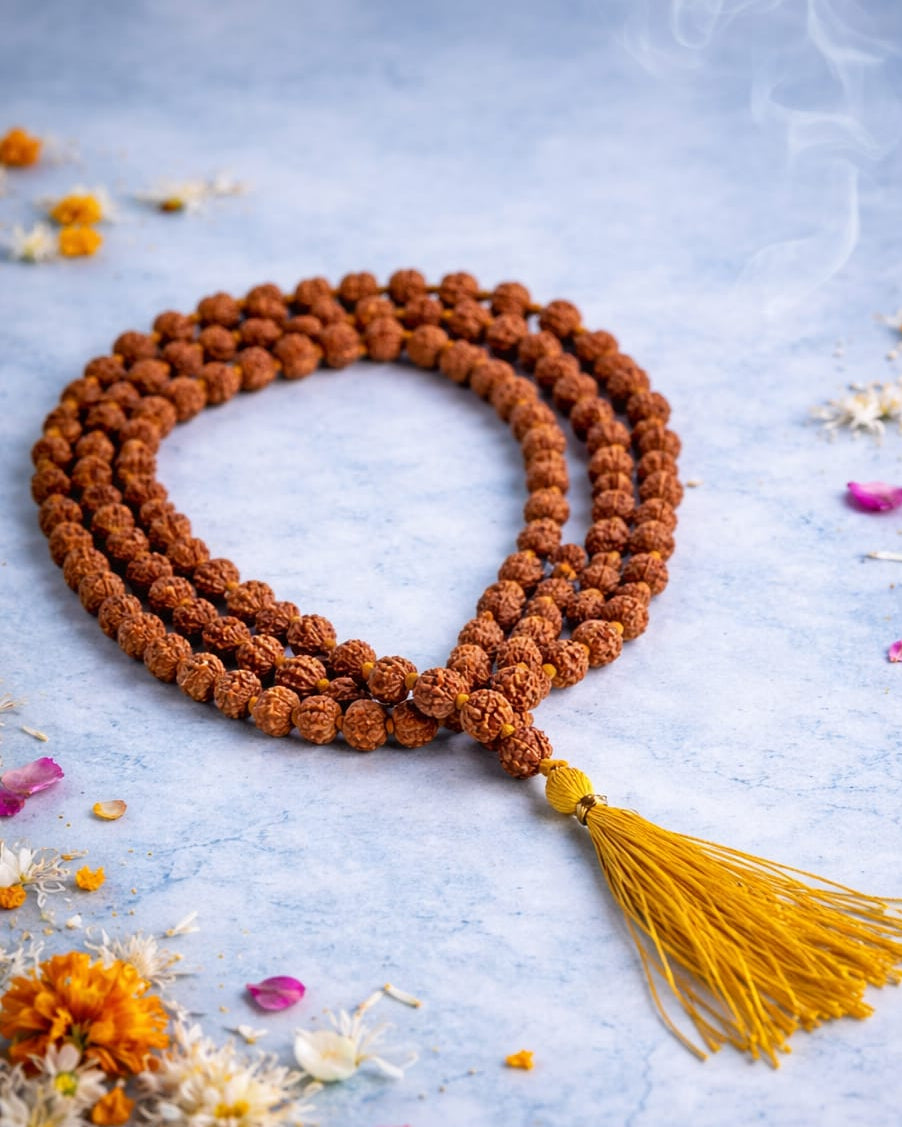Traditional Rudraksha Mala with Tassel – Meditation & Puja Beads