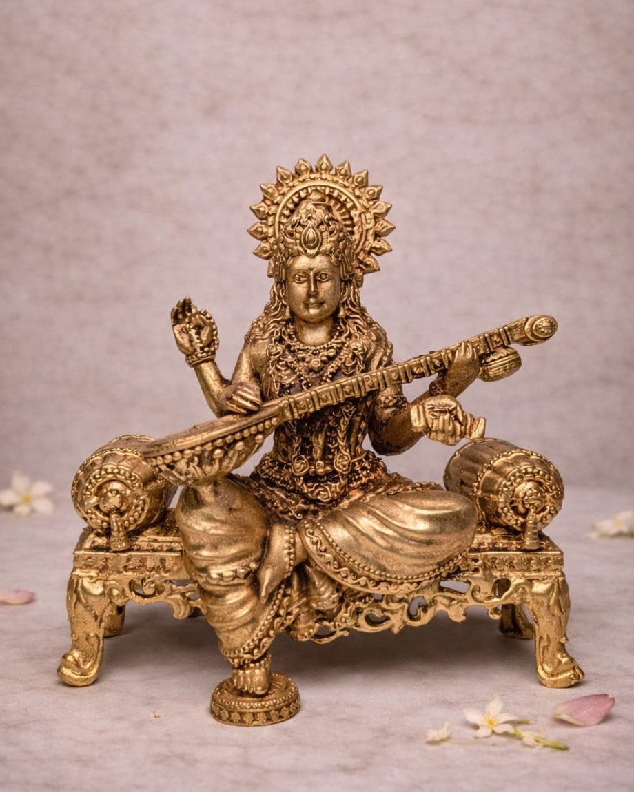 Handcrafted Brass Saraswati Idol – Maa Saraswati Murti with Veena | Traditional Antique Finish Goddess of Wisdom Statue