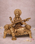 Handcrafted Brass Saraswati Idol – Maa Saraswati Murti with Veena | Traditional Antique Finish Goddess of Wisdom Statue