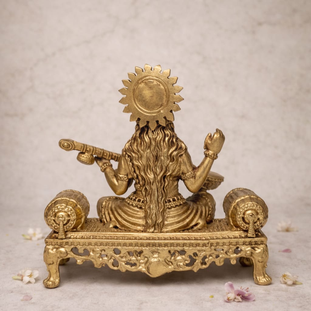 Handcrafted Brass Saraswati Idol – Maa Saraswati Murti with Veena | Traditional Antique Finish Goddess of Wisdom Statue